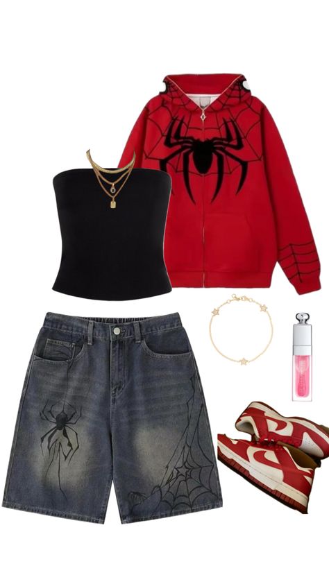 Red jacket, spider-man, black tube top, jorts, red dunks Spider Man Outfits Woman, Spiderman Jacket Outfit, Spider Man Clothes Outfits, Spider Man Inspired Fits, Spider Man Crop Top, Spider Man Inspired Outfit, Spider Man Outfits Ideas, Red Grunge Tops For Streetwear, Red Shorts For Summer Streetwear