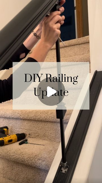 Jaimi | DIY Home Renovation + Decor on Instagram: "Here’s how 👇🏻  We bought a kit to change out the balusters - that’s pretty much it! Plus paint, obviously. 🙃 The newel posts and handrails stayed in place so we didn’t lose the structure/security of the railings.   It’s tedious but not hard! I recorded the step-by-step process for you and put it together in a super affordable course. If you’re interested, you can find the link in my bio. OR comment RAILINGS below and I’ll send you the details (Make sure you’re following my account so the message can go through!) 🖤 ^ ^ ^ Home | DIY home | Railings | Before and After | Staircase | Affordable remodel #dıy #diyprojects #railings #staircase #90shome" Replace Railing Staircases, Upgraded Stair Railing, Railing Update Diy, Iron Railing Stairs Indoor, Redo Staircase Railings, Railing Replacement Ideas, Stair Railing Makeover Diy, Updated Handrail, Indoor Railings For Stairs Diy