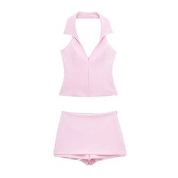 Checkout - ARIELLA & AYANA Shorts Rosa, Halter Shirt, Backless Shirt, Short Pollera, Top Rosa, Straight Clothes, Casual Chique, Jupe Short, Halter Tank Top