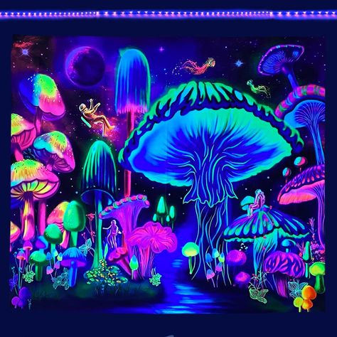 PRICES MAY VARY. 🍄100% lightweight polyester fabric, easy to hang with hanging kits in the package. Soft, durable, easy to pack away for your indoor or outdoor use. Suitable for 4 seasons. 🍄Black Light Reactive🍄 Vector graphic design and advance printing tech plus the special glowing ink we use makes the black light mushroom tapestry glows really good at night. Prepare a black light, turn it on you'll get a view that makes you surprised. 🍄Mushroom Forest Tapestry Glowing in the Dark🍄 Vector Mushroom Tapestry, Trippy Tapestry, Blacklight Tapestry, Trippy Room, Mushroom Poster, Trippy Room Decor, Mushroom Pictures, Star Tapestry, Forest Tapestry