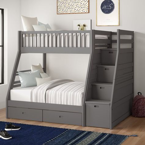 Harriet Bee Mimi Twin Over Full Bunk Bed with Drawers | Wayfair Step Storage, Grey Bunk Beds, Bunker Bed, Convertible Bunk Beds, Staircase Bunk Bed, Grey Bed Frame, Loft Bed Frame, Twin Over Full Bunk Bed, Bunk Beds With Drawers