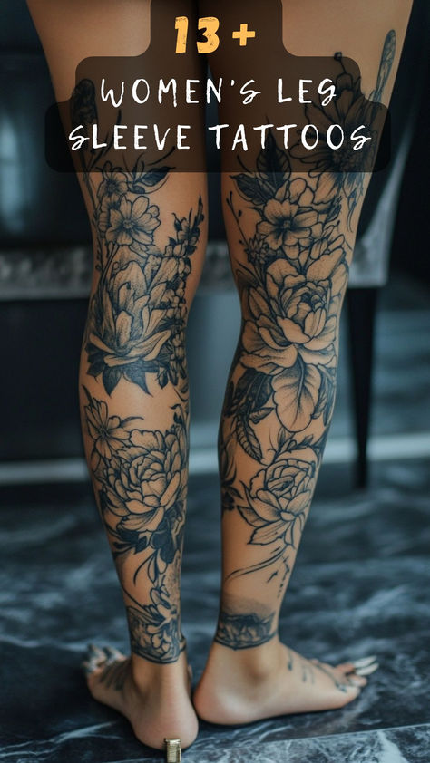 Thinking about a leg sleeve tattoo? Click to discover 13 stunning leg sleeve tattoo ideas for women that'll inspire your next ink. Unleash your style! 🌸🖋️ #LegSleeveTattoos #WomenInk #TattooIdeas #InkInspiration #TattooArt Delicate Female Sleeve Tattoo, Trad Leg Tattoos Women, Thigh To Knee Tattoo Women, Full Sleeve Leg Tattoos Women, Simple Leg Sleeve Tattoo Women, Half Body Tattoos For Women, Desert Landscape Tattoo Sleeve, Full Leg Piece Tattoo Women, Women Full Leg Tattoo