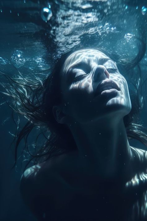 Head Submerged In Water, Water Portrait Art, Woman Underwater Painting, Water Art Photography, Person Emerging From Water, People Underwater Photography, Underwater Fashion Photography, Girl In Water Aesthetic, Blue Portrait Photography