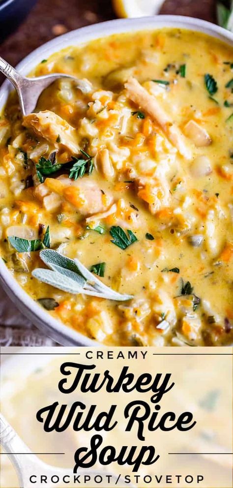 Creamy Turkey Wild Rice Soup recipe from The Food Charlatan! Use your leftover turkey and herbs from Thanksgiving to make a satisfying and healthy soup that is just what you need after all the carb loading you did on Thursday. (I know you.) The hint of lemon and the shredded carrots make this soup really unique and flavorful! #turkey #thanksgiving #christmas #broth #stock #carrots #creamy #crockpot #slowcooker #recipes #leftover #easy #healthy #homemade #carrots #lemon #leftovers #stovetop Wild Rice Soup Crockpot, Rice Soup Crockpot, Salad Combinations, Turkey Wild Rice Soup, Turkey Rice Soup, Wild Rice Soup Recipes, Carb Loading, Cooking Wild Rice, Rice Soup Recipes