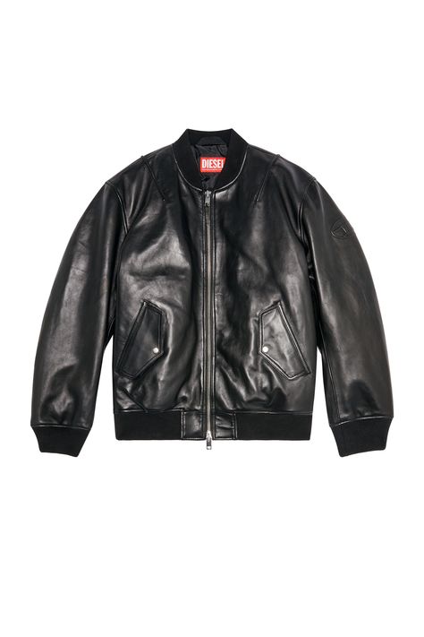 Styled with a regular fit and bomber neck, this men's black leather jacket is padded and elevated with a waxy tumbled finish. An embossed oval D logo embellishes the left sleeve.-Regular fit;Zip closure;Flap pockets;Ribbed bomber collar, cuffs and hem;Lined and padded Mens Padded Jacket, Diesel Shorts, Diesel Jacket, Diesel Clothing, Outfit Png, Mens Black Leather, Leather Jacket Black, Black Leather Jacket, Padded Jacket