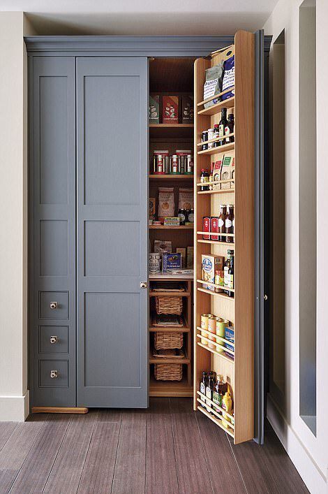 a built in pantry with lots of basket drawers, shelves on the doors and inside is a cool idea to use an awkward nook Shoe Storage Wardrobe, Built In Pantry, Pantry Cupboard, Kabinet Dapur, Diy Kitchen Renovation, Kitchen Pantry Design, Pantry Door, Pantry Design, Pantry Cabinet