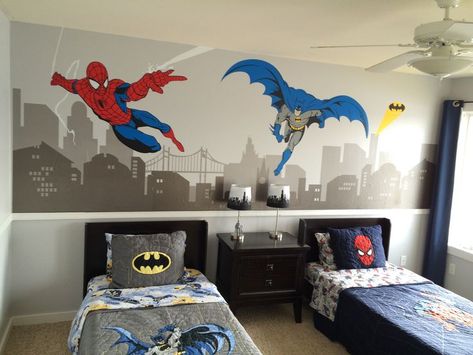 Jins Biru, Batman And Spiderman, Spiderman Bedroom, Spiderman Room, Batman Room, Bedroom Design Diy, Superhero Bedroom, Spiderman Theme, Superhero Room