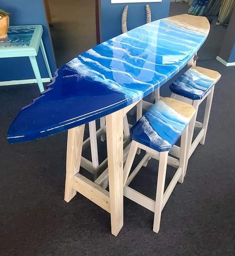 Surfboard Bar Table, Surfboard Desk, Surfboard Chair, Surfboard Furniture, Surf Board Table, Surf Boards Designs, Surf Table, Surf Bar, Surfboard Table