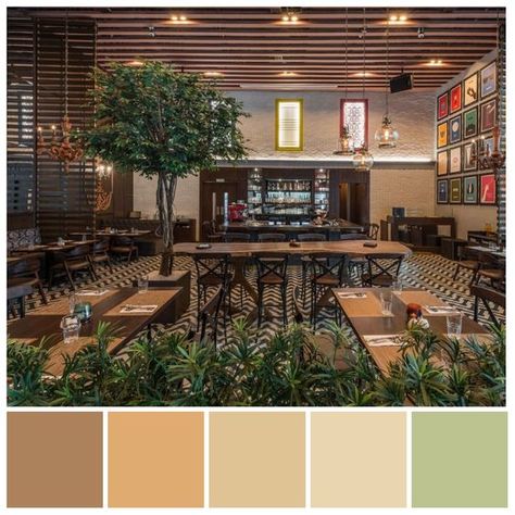 Green And Brown Restaurant Interior, Color Palette For Restaurant Interior Design, Tropical Tones Colour Palettes, Cafe Color Palette Interiors, Restaurant Colour Palette, Color Palette For Restaurant, Cafe Colour Palette, Brown Orange Color Palette, Restaurant Color Palette