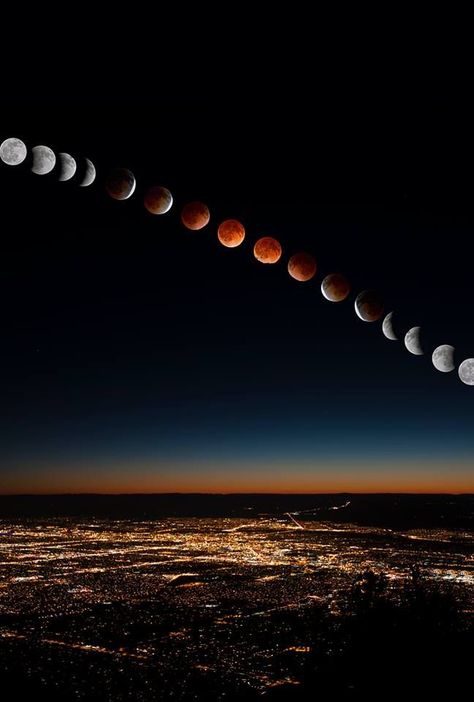 "Blood Moon" - Lunar Eclipse Over Albuquerque, New Mexico USA on  4/15/2014 Time-lapse photography over 3 hours (photo © Marie Fullerton 2014) New Mexico Travel Destinations Honeymoon Backpack Backpacking Vacation Budget Wanderlust Off the Beaten Path Photography #travel #honeymoon #vacation #backpacking #budgettravel #offthebeatenpath #bucketlist #wanderlust #NewMexico #USA #America #UnitedStates #visitNewMexico #TravelNewMexico Timelapse Photography, Blood Moon Lunar Eclipse, Travel New Mexico, Northern New Mexico, Time Lapse Photography, Mexico Travel Destinations, Photo Class, Mexico Style, New Mexico Usa