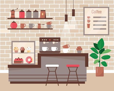 Coffee Bar Drawing, Cozy Coffee Shop Interior, Coffee Shop Cartoon, Interior Design Flat, Mini Cafeteria, Kids Cafe, Cute Coffee Shop, Coffee Shop Interior Design, Cozy Coffee Shop