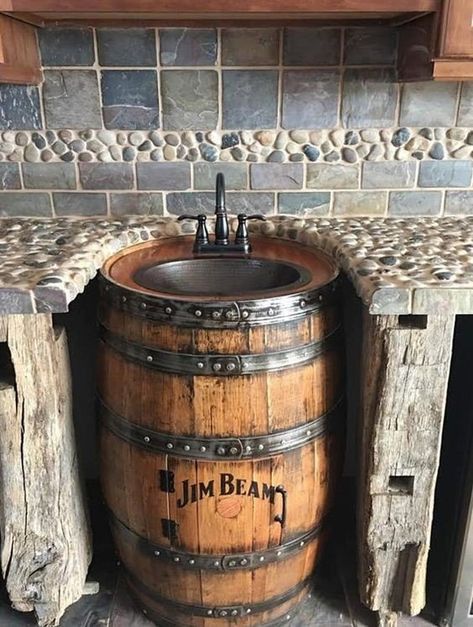 Whiskey Barrel Sink Bathroom, Wine Barrel Sink Bathroom, Whiskey Barrel Sink, Diy River Rock, Personalized Whiskey Barrel, Barrel Sink, Hammered Copper Sink, Barrel Ideas, Antique Bathroom