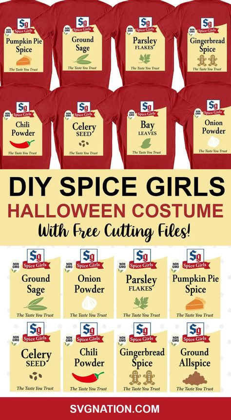 Spice Halloween Costumes, Pumpkin Spice Halloween Costume, Spice Girls Halloween Costume Diy, Spice Girls Group Costume, Lunch Lady Halloween Costume, Easy Teacher Group Halloween Costumes, Diy Cricut Halloween Costume, Halloween Costume Svg, Spice Girls Costume Halloween