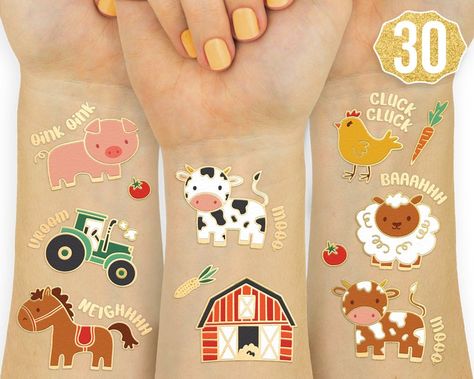 Farm Party Supplies Temporary Tattoos 30 Glitter Styles | Etsy Petting Zoo Party, Gold Bachelorette Party Decorations, Bride To Be Balloons, Farm Animals Birthday Party, Cow Horse, Dinosaur Party Favors, Zoo Party, Barnyard Birthday, Farm Birthday Party