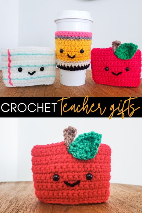 Crochet Back To School Ideas, Crochet Teacher, Random Crochet, Crochet Teacher Gifts, Cup Cozy Crochet Pattern, Cup Cozy Pattern, Crochet Apple, Crochet Mug Cozy, Crochet Coffee Cozy