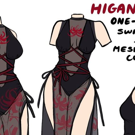 NYAHALLO 🐈‍⬛ on Instagram: "Higanbana swimsuit and cover up ♥️  I wish I had this swimsuit with me now, because I’m currently in Honolulu, Hawaii!!! 🌴 It’s so nice here 😩 My family is waiting for me to finish posting this so we can head to the beach 🏖️  I started this swimsuit weeks ago but I actually finished most of the sketch on the flight to Hawaii!!! Normally there’s too much turbulence on the airplane for me to even bother trying to work but this flight was surprisingly really smooth.   #higanbana #swimsuit #swimwear #fashiondesign #indiedesign #indiedesigner #summerfashion #sexyfashion #smallbusiness #nyahallo #artistsoninstagram" Fantasy Swimsuit, Swimsuit Drawing, Flight To Hawaii, Bonney One Piece, Beach Episode, Midi Dress Elegant, Butterfly Sleeve Dress, Clothing Design Sketches, Anime Clothes