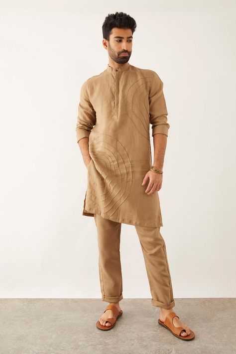 Buy Brown 100% Linen Pintuck Textured Fez Kurta For Men by Son of A Noble Snob Online at Aza Fashions. Kurta Designs Men's, Mens Traditional Wear, Boys Kurta Design, Wedding Dresses Men Indian, Gents Kurta Design, Kurta For Men, Gents Kurta, Kurta Men, Pajama Pattern