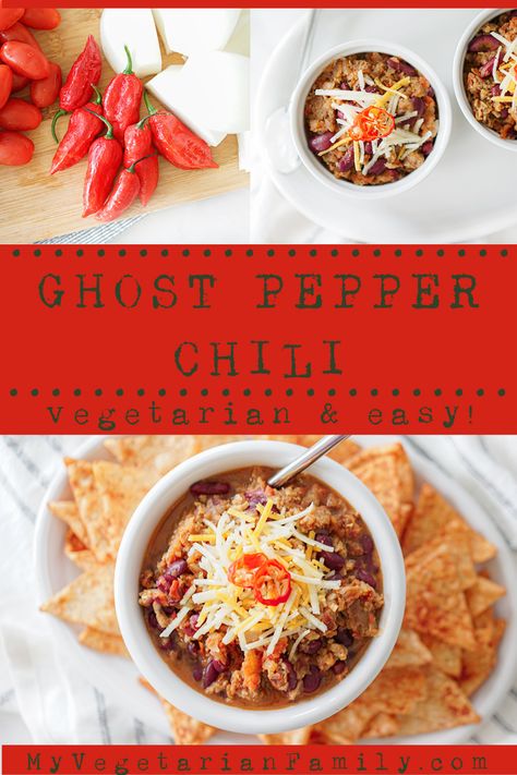 Ghost Pepper Chili Recipe, Recipes With Ghost Peppers, Habanero Chili Recipe, Ghost Pepper Recipes, Spicy Vegetarian Chili, Chili Toppings, Lentil Chili, Pumpkin Chili, Ghost Pepper