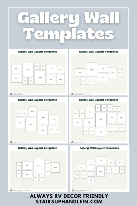 Get 7 unique gallery wall layout templates to help you plan the perfect gallery wall, in any space big or small. Step up your RV decor and display your favorite memories in a visually creative way Gallery Wall Layout Living Room, Gallery Wall Examples, Photo Gallery Wall Layout, Photo Wall Layout, Gallery Wall Guide, Gallery Wall Template, Wedding Photo Walls, Small Gallery Wall, Gallery Wall Design