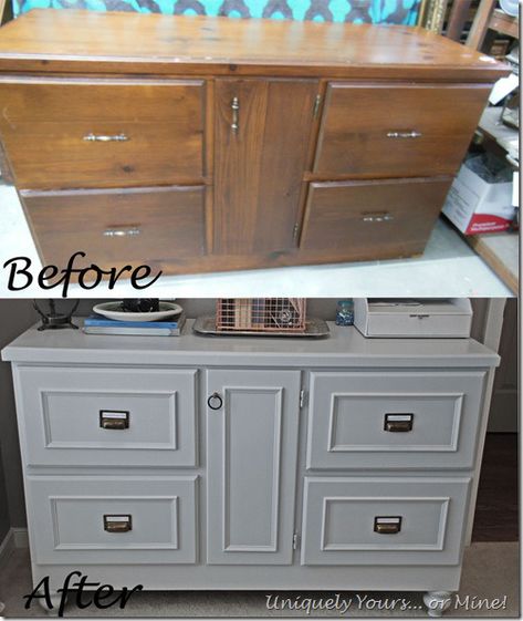 What a transformation!  Bun feet, a bit of wood trim and new hardware along with the paint make this piece nearly unrecognizable from the "before".  Beautifully done. Before And After Furniture, Furniture Rehab, Refurbished Furniture, Wood Trim, Shabby Vintage, Furniture Restoration, After Photos, Paint Furniture, Flipping Furniture