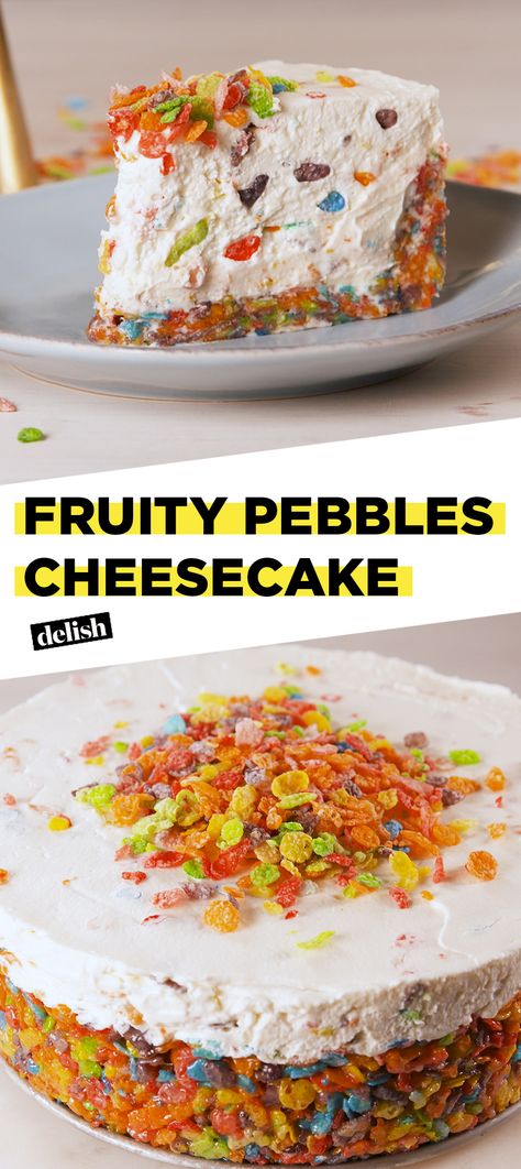 Fruity Pebbles Cheesecake = a cereal lover's DREAM come true  Get the recipe at Delish.com. #cereal #fruitypebbles #cheesecake #cake #delish #recipe #dessert #easyrecipe #kids #birthday #cake Fruity Pebbles Cheesecake, Fruity Pebble Cheesecake, Fruity Pebble, Savory Cakes, Cheesecake Desserts, Fruity Pebbles, S'mores, Köstliche Desserts, Cheesecake Recipe