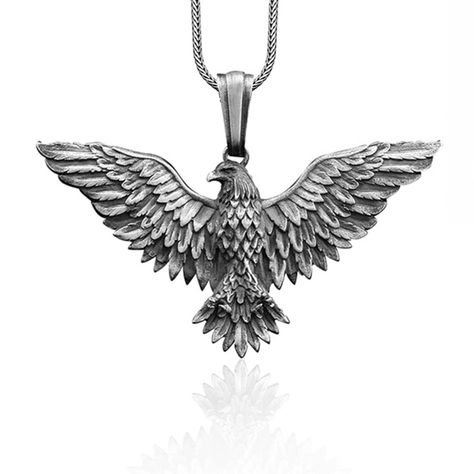 Sterling Silver American Winged Eagle Handmade Necklace, Winged Eagle Men Necklace, American Eagle Pendant, Silver Animal Gift Men Jewelry -------------------------------------------------------------------------------------------------------------- WELCOME MY SHOP Jewelrybymanju Benefits of Wearing Silver  Silver is a powerful antimicrobial agent. It helps in fighting infections and aids in cold and flu prevention, wound healing, and more. Silver also helps with internal heat regulation and cir Eagle Painting, Eagle Pendant, Eagle Necklace, Silver Wings, Men Jewelry, Pendant Silver, Handmade Necklace, Engraved Rings, Gorgeous Necklaces