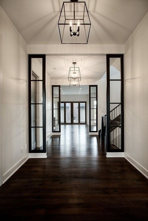 Dark Flooring Interior Design, Tile Floor In Bedroom Ideas, Kitchens With Dark Hardwood Floors, Transitional Hardwood Floors, Dark Floor House Interior, White Bedroom Dark Floors, Dark Floor Stain, House With Dark Floors, Dark Floor House