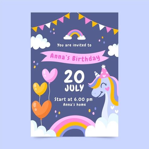 Hand drawn unicorn birthday invitation t... | Free Vector #Freepik #freevector #birthday #invitation #kids #hand-drawn Kids Invitations Birthday, Kids Birthday Invitation Template, Kids Birthday Invitation Card, Kids Party Invitations, Digital Invitations Birthday, Kids Unicorn Party, Birthday Party Invitations Free, Unicorn Invitation, First Birthday Posters