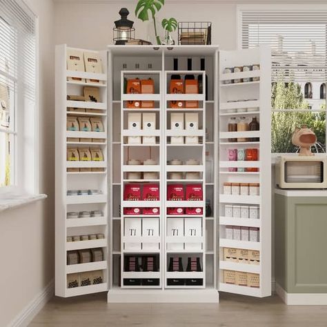 Versatile Kitchen Organizer: Compact 31.5" Cabinet with Smart Storage - On Sale - Bed Bath & Beyond - 39388803 Galley Kitchen Storage, Pantry Cabinet Organization, Evergreen Decor, Smart Kitchen Storage, Food Pantry Cabinet, Smart Storage Ideas, White Pantry, Organizing Life, White Storage Cabinets