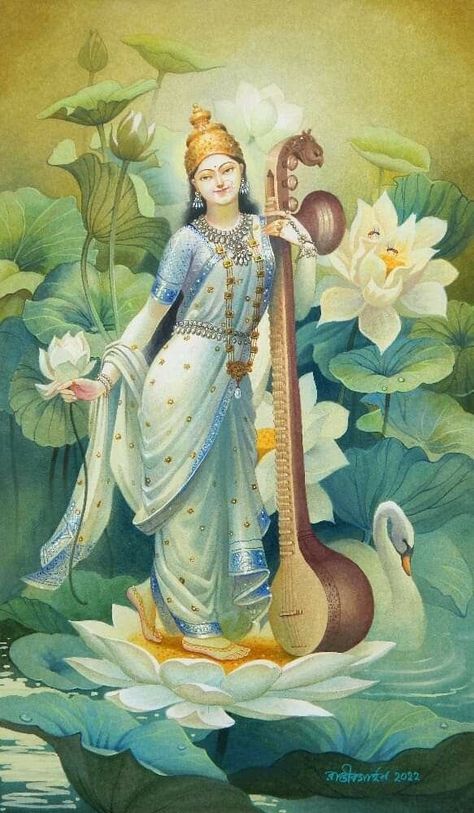 Sarasvati Ma, Saraswati Wallpaper, Maa Love, Saraswati Mata, Saraswati Devi, God Artwork, Durga Painting, Kerala Mural Painting, Pichwai Paintings