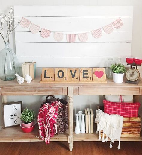 Valentine's Day Decor Giant Scrabble Tiles, Valentine's Home Decoration, Farmhouse Valentine Decor, Large Scrabble Tiles, Romantic Living Room, Saint Valentin Diy, Valentines Bricolage, Rustic Valentine, Valentines Sign