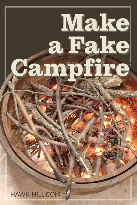 Faux Campfire Diy, Fake Campfire Diy, Campfire Centerpiece Ideas, Nugget Bedroom, Faux Campfire, Campfire Diy, Fake Campfire, Indoor Camping Party, Camping Party Decorations