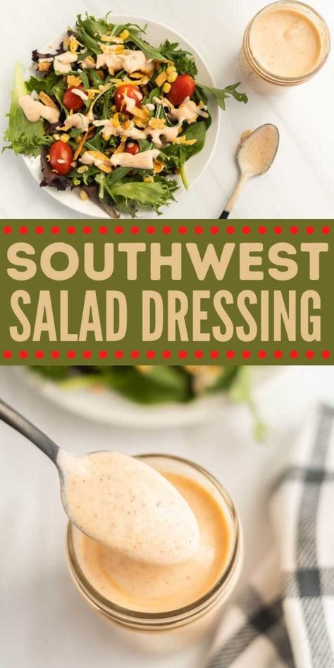 Southwest Salad Dressing Recipe - Eating on a Dime Southwest Salad Dressing Recipe, Southwest Salad Dressing, Mexican Salad Dressings, Southwest Salad Recipe, Southwest Dressing, Taco Salad Dressing, Healthy Dressing Recipes, Southwestern Salad, Southwest Salad