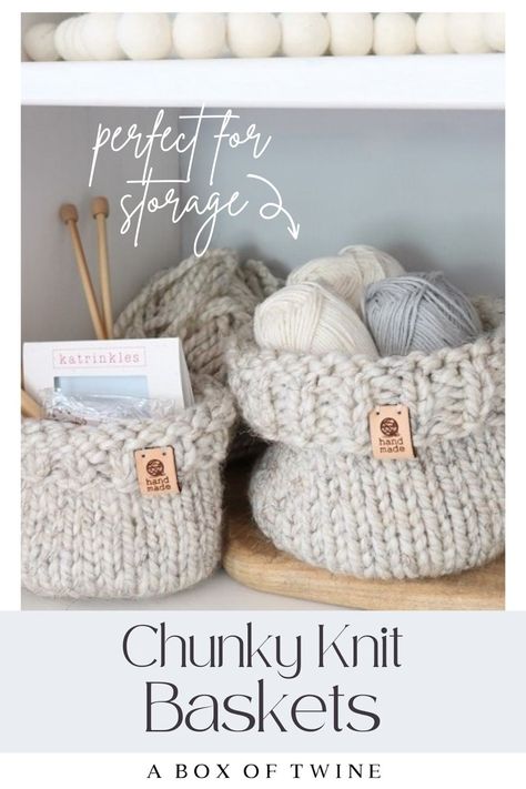 chunky basket knitting pattern How To Knit A Basket, Knitting A Basket, Quick Easy Knitting Patterns Free, Knitted Basket Pattern, Bulky Yarn Patterns Free, Easy Beginning Knitting Projects, Knitted Storage Baskets Free Pattern, Knit Baskets Free Patterns, Loom Knitting Baskets