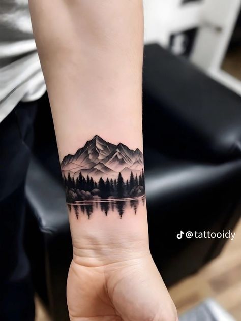 Disconnected Tattoo Sleeve, Forest Moutain Tattoos, Arms Cover Up Tattoo, Mountain Sky Tattoo, Waterfalls Tattoo Ideas, Forest Tattoo Wrist, Tattoo Script Cover Up, Outdoor Half Sleeve Tattoo For Women, Wilderness Sleeve Tattoo Women