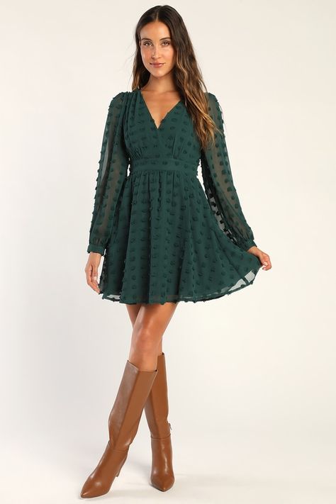 We're not going to lieâ€”the Lulus Always on Repeat Emerald Green Clip Dot Long Sleeve Mini Dress is a 'fit we'd wear again and again! Lightweight woven chiffon, with a clip dot texture throughout, shapes this stylish dress that has long balloon sleeves with button cuffs and gathering at the shoulders. Surplice bodice sits above a banded waist, falling to a cute A-line mini skirt. Hidden zipper/clasp at back. Fit: This garment fits true to size. Length: Mid-thigh. Size medium measures 34.5" from Emerald Green Mini Dress, Plus Size Skater Dress, Dresses With Cowboy Boots, Green Formal Dresses, Emerald Green Dresses, Dot Texture, Lulu Fashion, A Line Mini Skirt, Green Mini Dress