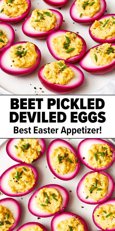 Beet pickled deviled eggs for Easter Pickled Deviled Eggs Recipe, Pickled Deviled Eggs, Making Hard Boiled Eggs, Easter Appetizers, Pickled Eggs, Healthy Holiday Recipes, Pickled Beets, Holiday Favorite Recipes, Curry Spices