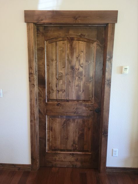 Rustic Wood Trim Ideas, Knotty Alder Trim And Doors, Wood Trim Colors, White Trim Wood Doors, Wood Baseboards And Trim, Stained Doors White Trim, Stained Interior Doors, Wood Doors White Trim, Knotty Alder Interior Doors