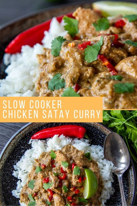 Slow Cooker Chicken Satay Curry is a beautifully rich and fragrant curry with tasty chunks of chicken in a lightly spiced thick and nutty sauce. Full of veg, chillis and lots of spice, this curry can also be made in the crockpot! Slow Cooker Satay Chicken, Slow Cooker Chicken Curry Recipes, Chicken Thighs Slow Cooker Recipes, Satay Curry, Slow Cooker Curry Recipes, Healthy Curry Recipe, Scotland Food, Slow Cooker Curry, Slow Cooker Chicken Curry