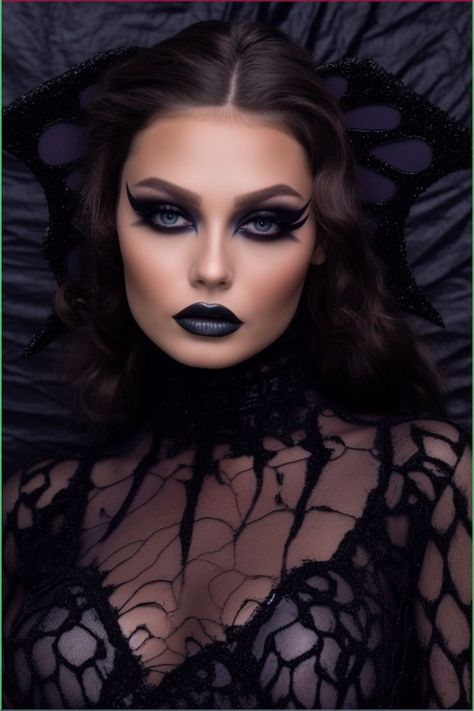 Vampiress Makeup Halloween, Bat Queen Costume, Gothic Queen Makeup, Halloween Queen Makeup, Gothic Bride Makeup, Gothic Glam Makeup, Female Vampire Makeup, Hot Halloween Makeup Looks, Dark Queen Makeup