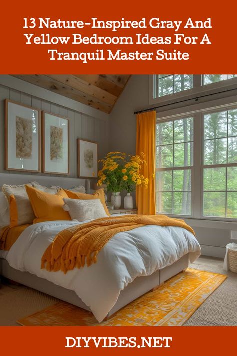 Embrace tranquility with a nature-themed gray and yellow bedroom. It's perfect for relaxation and rejuvenation. This design is a serene twist on gray and yellow bedroom ideas master suite, blending comfort with natural elements. Explore more like botanical prints, wooden accents, and peaceful atmospheres. Tap to see all the stunning master suite designs! Grey And Yellow Bedroom Ideas, Navy Blue And Yellow Bedroom, Navy And Grey Bedroom, Grey And Blue Bedroom, Green And Yellow Bedroom, Navy Blue And Grey Bedroom, Gray And Yellow Bedroom Ideas, Dark Blue Bedroom Ideas, Blue And Grey Bedroom