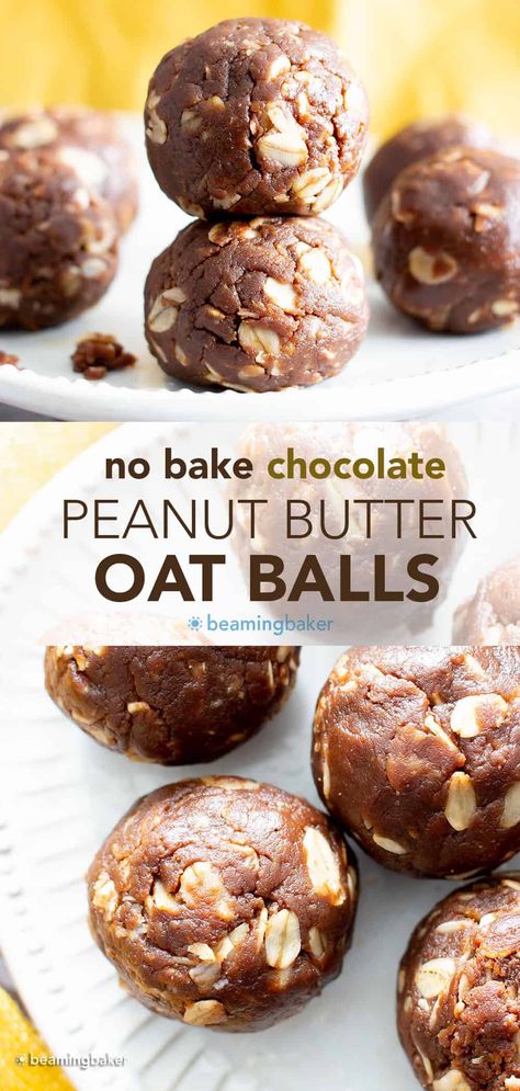 Peanut Butter Chocolate Balls, Beaming Baker, Peanut Butter Oatmeal Balls, Chocolate Peanut Butter Oatmeal, Oat Balls, Chocolate Protein Balls, Oatmeal Balls, Oatmeal Bites, Peanut Butter Balls Recipe