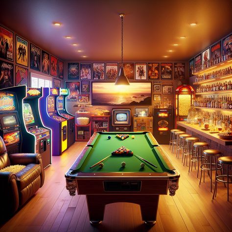 Witness the ultimate man-cave, designed for ultimate fun and relaxation. Enjoy games on the pool table, watch sports on the huge HD flat screen TV, sip on your favorite beer, or simply recline on the leather chair. The room boasts an arcade corner, a vintage jukebox, a well-stocked bar, and rock band posters, making it a paradise for leisure. 

#Mancave #UltimateRelaxation #GameRoom #VintageJukebox #HomeBar #SportsLounge Arcade Room In House, Cool Game Room Ideas, Cozy Man Cave, Cool Game Room, Gym Corner, Room Ideas Men, Posters Making, Game Room Ideas, Table Watch