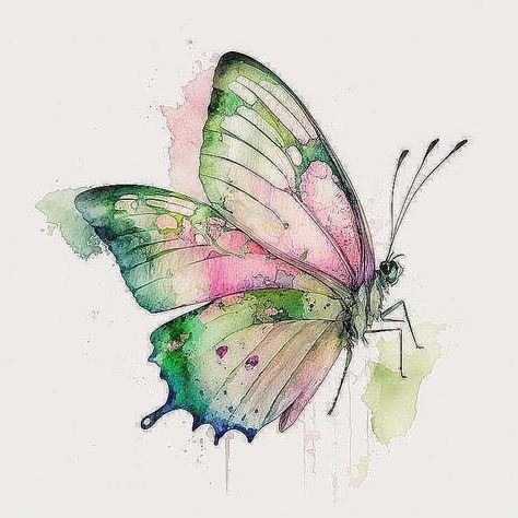 Pink And Green Butterfly Tattoo, Watercolor Pencil Paintings, Watercolor Butterfly Painting, Butterfly Watercolor Tattoo, Water Colour Butterfly, Green Butterfly Tattoo, Butterfly Colours, Pink And Green Butterfly, Watercolour Butterflies