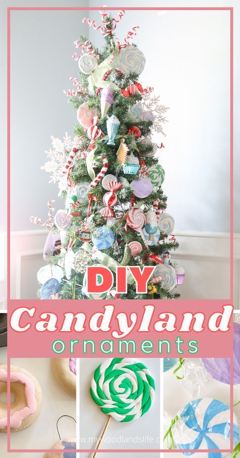 Diy Candy Ornaments, Donut Christmas Tree, Lollipops Diy, Diy Candyland, Large Lollipops, Candy Decorations Diy, Christmas Lollipops, Wrapped Candy, Candy Ornaments