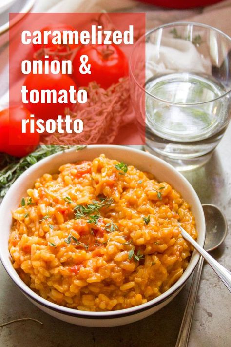 This creamy vegan tomato risotto is bursting with creamy grains of Arborio rice, juicy roasted tomatoes, caramelized onions and a touch of thyme! A delicious and easy one-pot meal that's vegetarian, dairy-free and gluten-free! #risotto #veganrecipes #vegetarianrecipe #onepot #glutenfree #vegandinners Vegan Risotto, Tomato Risotto, Easy One Pot Meals, Caramelized Onion, Risotto Recipes, Roasted Tomatoes, Vegan Eating, Vegan Dinners, Caramelized Onions