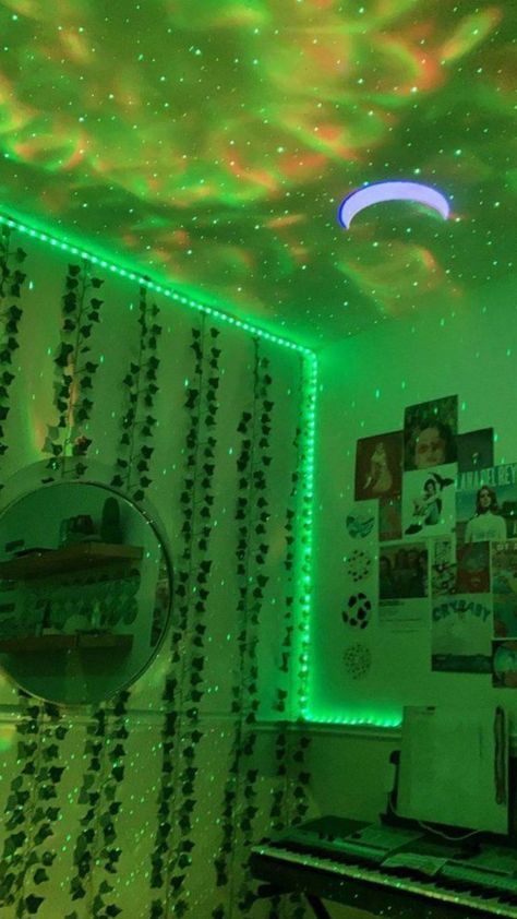 #neon room Green Led Room Aesthetic, Neon Green Room Aesthetic, Neon Green Bedroom Ideas, Vines In Bedroom With Led Lights, Harry Potter Room Decor Bedroom Ideas Slytherin, Slytherin Dorm Room Ideas, Green Led Lights Aesthetic, Green Led Lights Bedroom, Green Vines Bedroom Decor