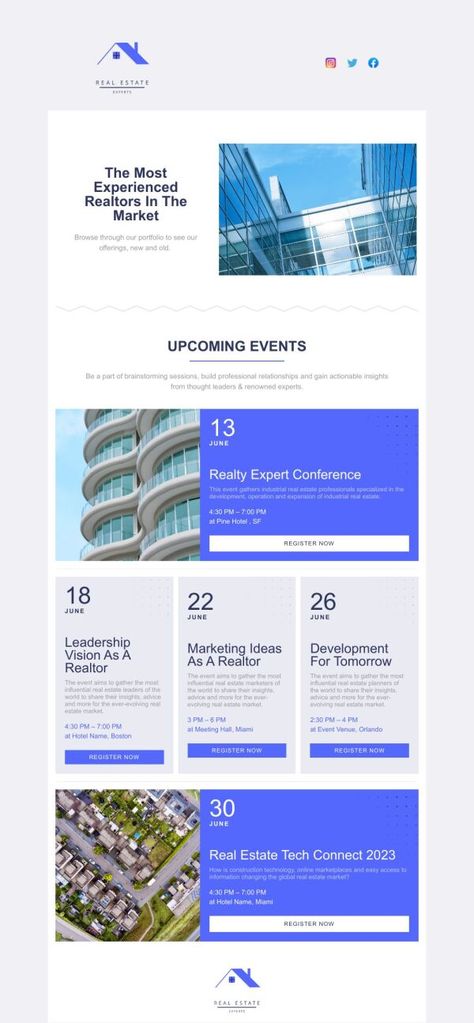 Free Email Templates Email Announcement Design, Event Email Marketing, Event Newsletter Design, Email Newsletters Design, Best Real Estate Marketing Ideas, Event Email Design, Email Marketing Design Newsletter Templates, Upcoming Events Design, Mail Template Design