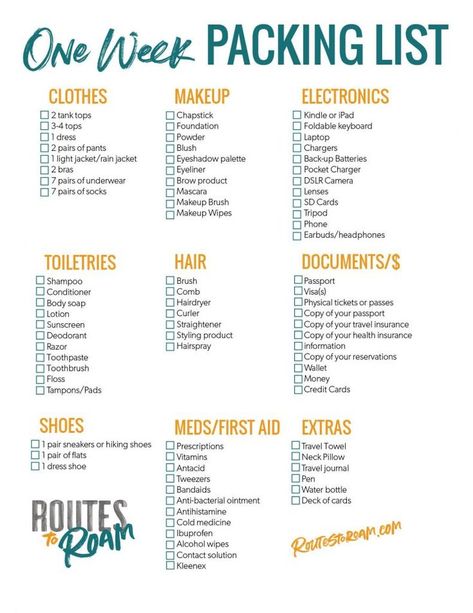 One Week Packing Checklist for a week long vacation - A printable packing list to keep you organized when you travel #packinglist #packing #travel #traveltips #organization One Week Packing List, Week Packing List, Beach Vacation Packing, Printable Packing List, Travel Packing Checklist, Ultimate Packing List, Road Trip Packing List, Road Trip Packing, Holiday Packing