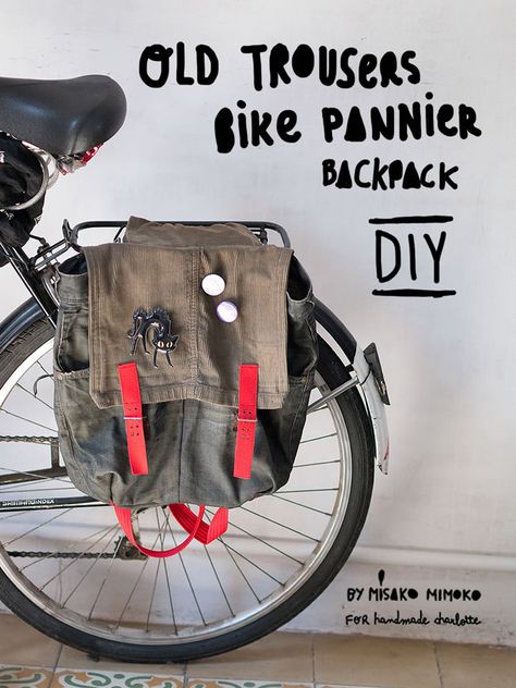 Upcycle an old pair of jeans into a bike pannier! Bike Accessories Diy, Diy Rucksack, Backpack Handmade, Cb 450, Bicycle Diy, Bicycle Panniers, Bike Panniers, Biking Diy, Diy Sac